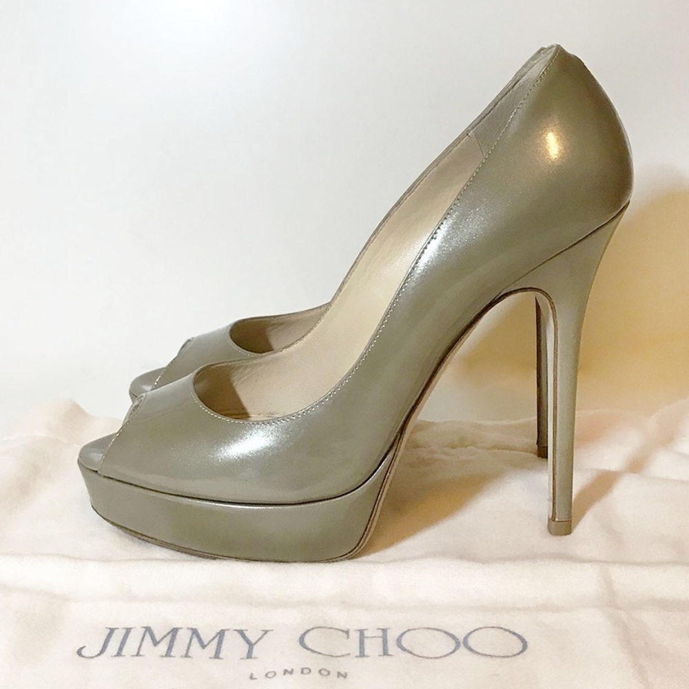 Jimmy Choo Khaki Crown Platform Peep Toe Pumps